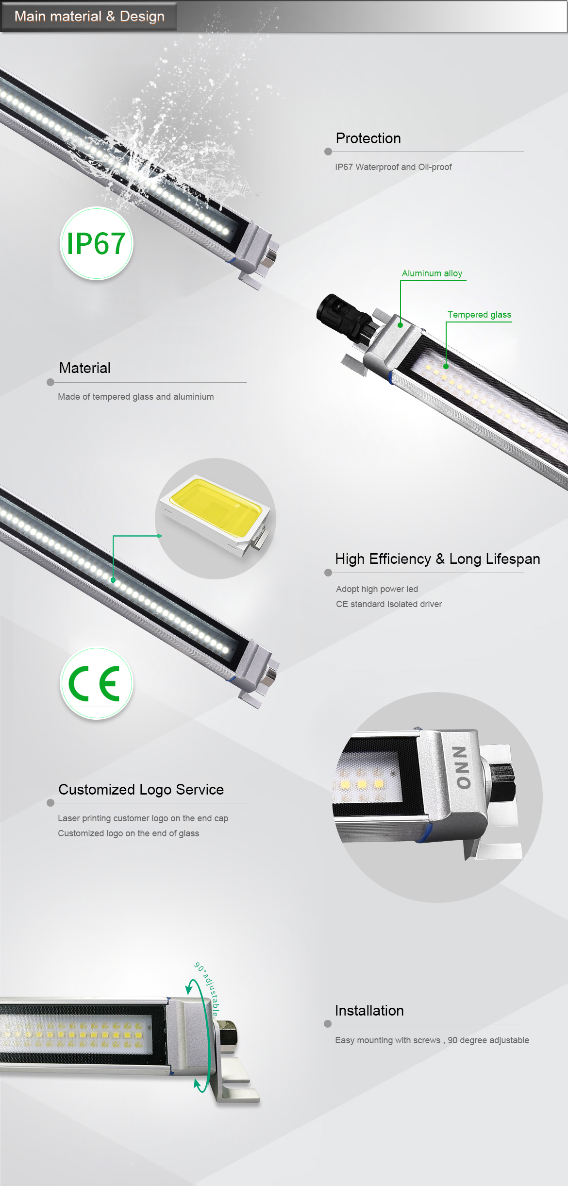 ONN-M9SL IP67 LED Bar Light Aluminum / Glass CNC Machine Work Light