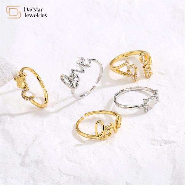 Love Heart Diamond 18k Gold Jewelry Cubic Zirconia Rings Adjustable Letter Bands