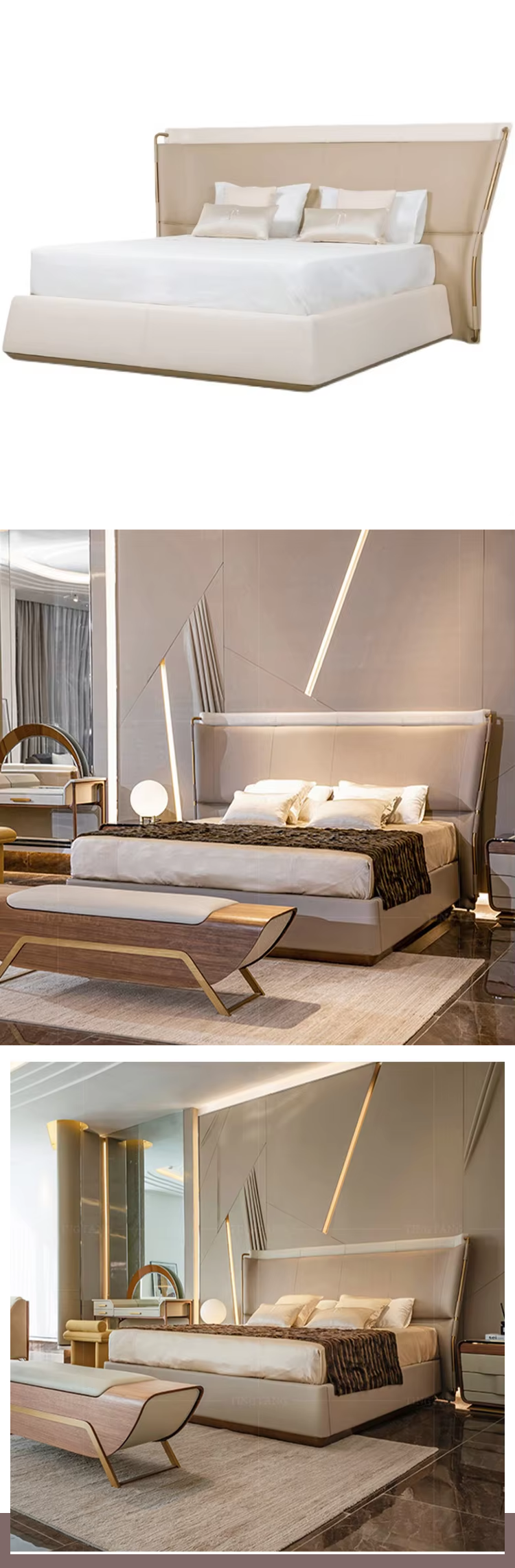 Hotel Apartment Bedroom Sets Luxury Queen King Size Bed Modern Italian Leather Soft Double Bed Design