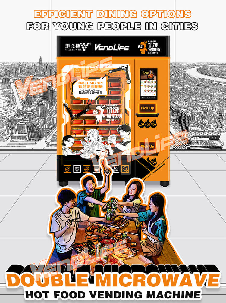 VendLife Dual Microwave Bento Vending Machine: 24/7 hot meal vending kiosk. 2x4000W, 45s, 110-168 boxes, QR & face-pay. Offices, factories. Operators, wholesalers, vending entrepreneurs.