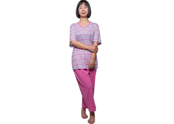 Fashion Ladies Pink Print Stripped Pajamas Nightwear Sets Short Sleeve Anti - Wrinkle