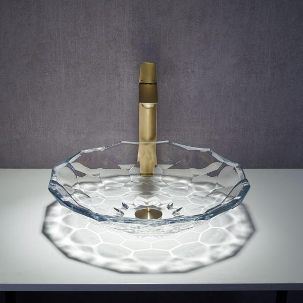 Shinning Glass Wash Basin Transparent Faceted Shape Bathroom Sink Basin