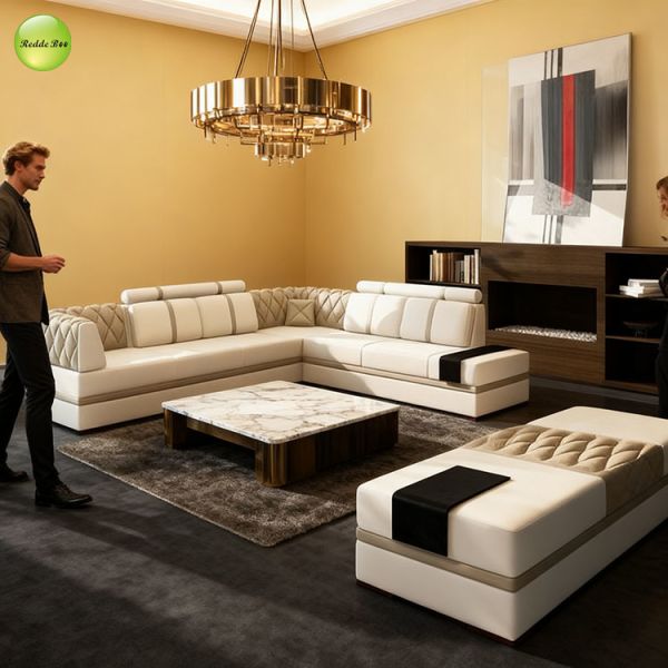 Leather Sectional: Contrast Stitching, Plush Seating – Transform Home into a Sophisticated Retreat