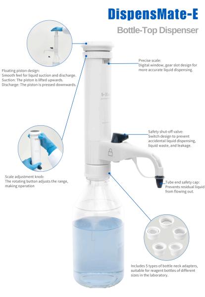 Chemical Resistant Laboratory Bottle Top Dispenser 1mL - 60mL Lab Liquid Dispenser