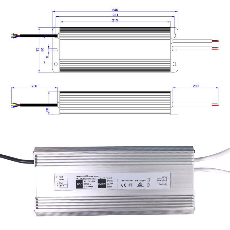 Одновыходовое снабжение жилищем алюминия водителя 250w СИД напряжения тока 12V 20A постоянн