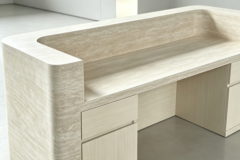 Custom Full Travertine Reception Desk, Rounded Curved Edge, Lockable Drawers And Cabinets For Commercial Shop