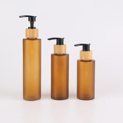 120ml 150ml 200ml Amber Plastic Shampoo Bottles With Pump Bamboo Skincare Packaging