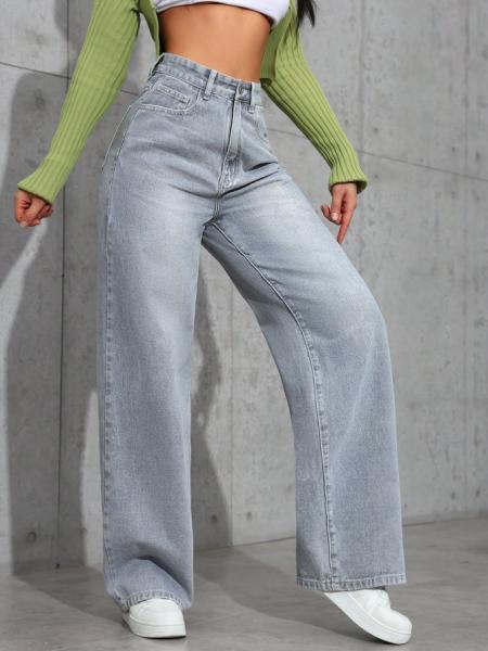 Powder blue high-waisted straight-leg jeans for women