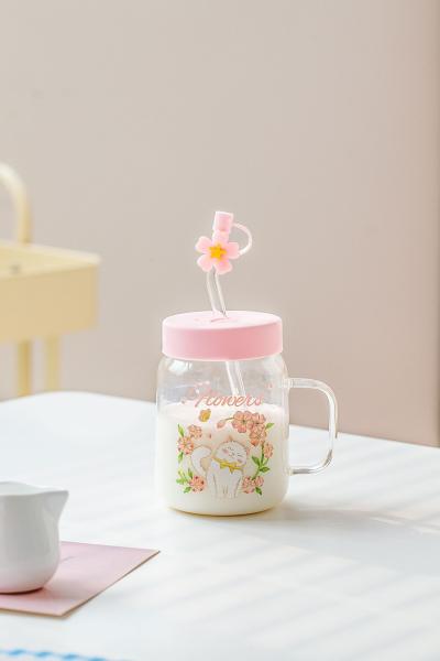Charming Glass Mugs White Cat  Flower Illustrations In Pink Blue Themes