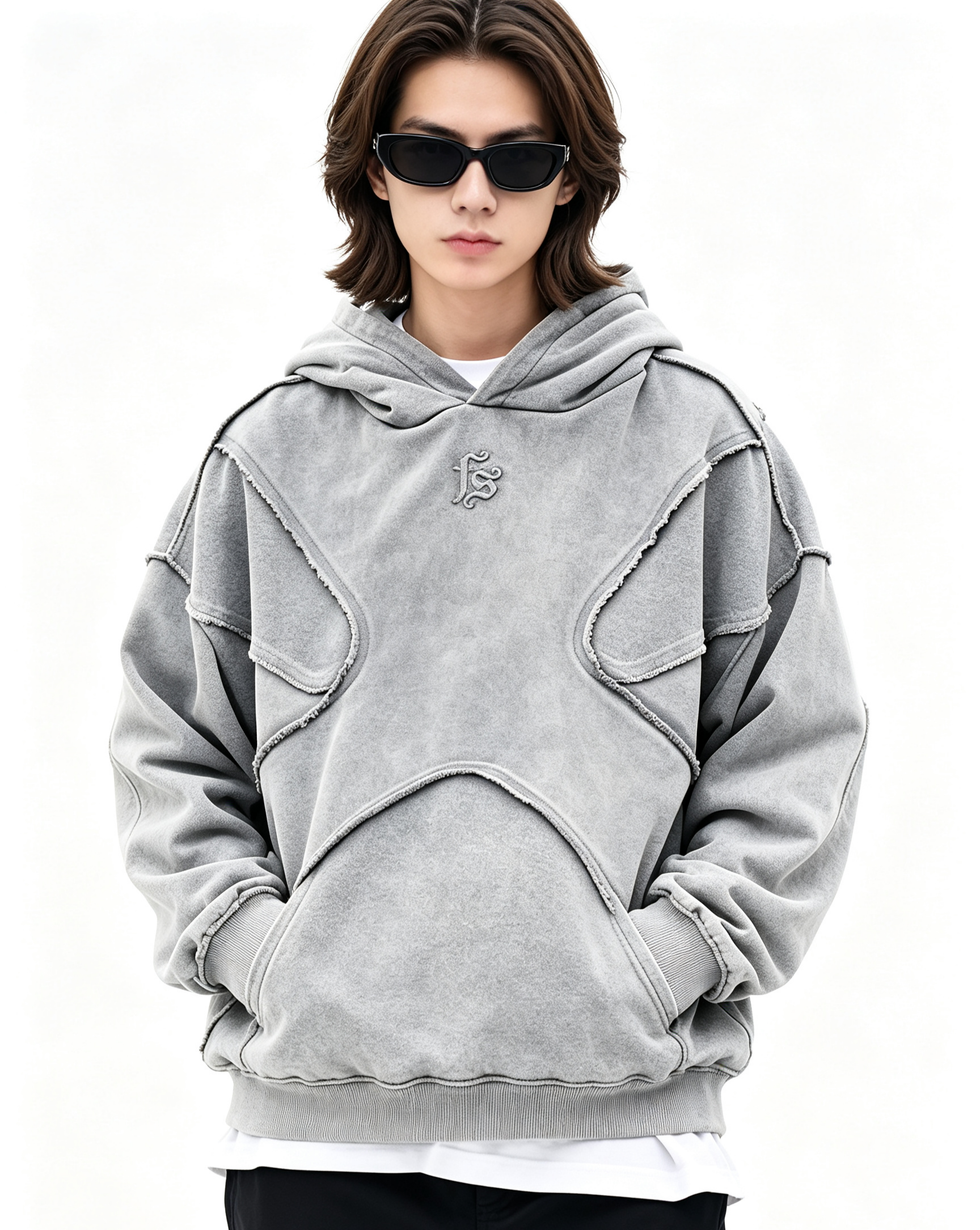 500G 100% Cotton Raw Edge Spliced Hoodie, Oversized Drop Shoulder Vintage Streetwear Pullover Hooded Sweatshirt for Bulk Wholesale