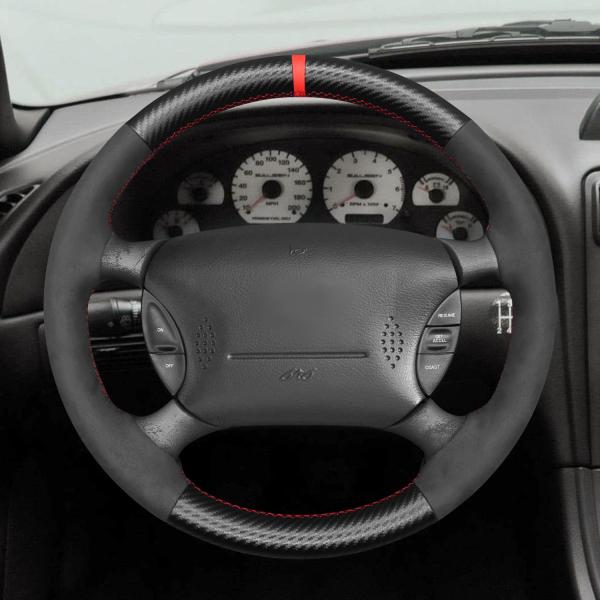 MEWANT Custom Hand Stitching Black Carbon Fiber Steering Wheel Cover for Ford Mustang 1994-2004