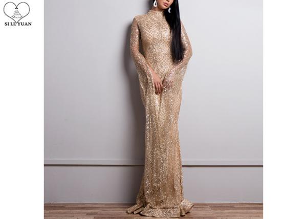 High Neck Mermaid Style Prom Dress Gold Dark Green Color Long Sleeve Lace Sequin