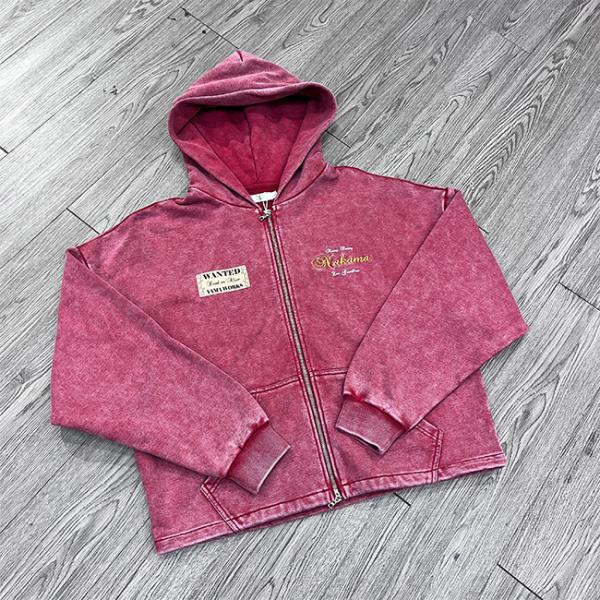 Custom Embroidery Patch Logo Hoodie Acid Washed Vintage Cropped Hoodie Men Boxy Zip Up Fleece Hoodies