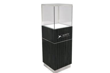Timber veneered MDF showcase featuring LED lighting and back glass drawer