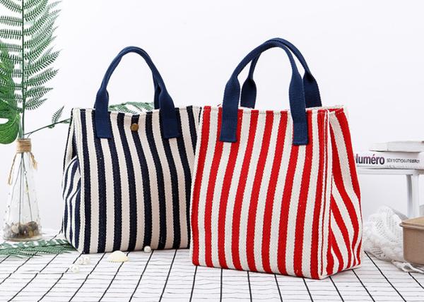 Reusable Lunch Cooler Bags Stripe Pattern With Pure Cotton Texture Handle