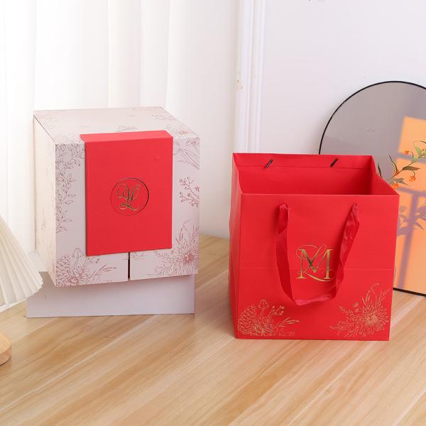 Double Door Ribbon Wedding Favor Box Premium Chinese Red Gift Packaging Large Capacity Floral Butterfly Design