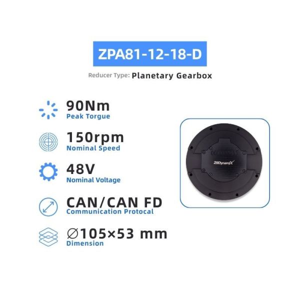 ZBDynamiX ZPA81-12-18-D Integrated Planetary Joint Actuator | 90 Nm Peak Torque, 18:1 Ratio, OD105 mm
