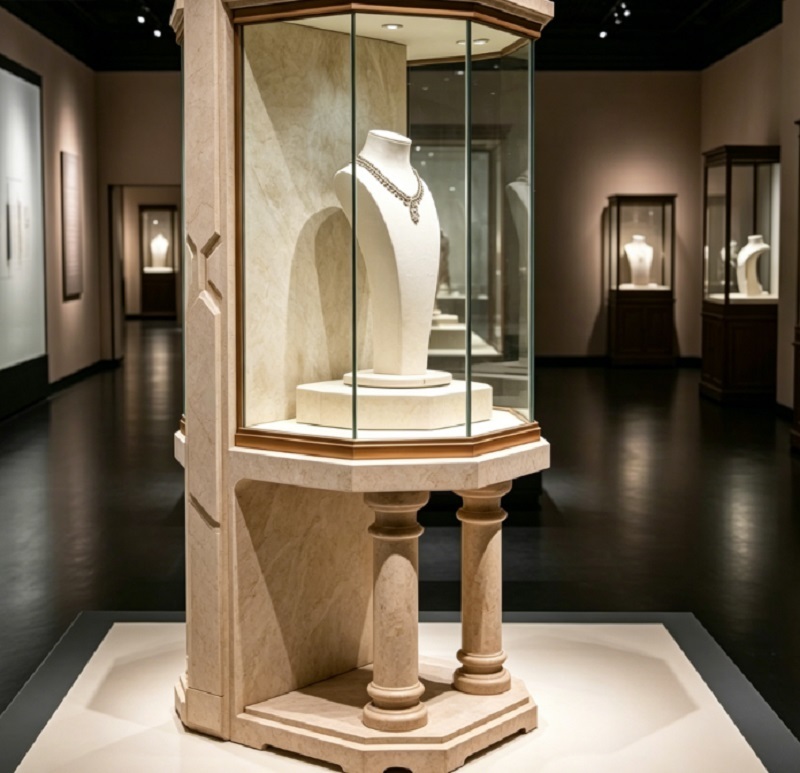 Premium Ultra-Clear Tempered Glass Jewelry Display Cabinet with Natural Marble Base and Built-in High-CRI LED Lighting