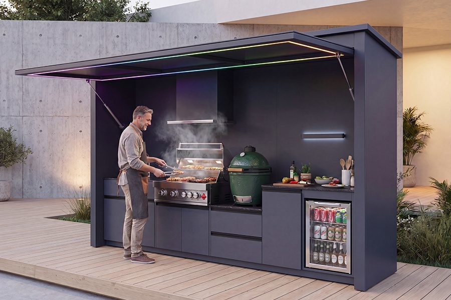 Luxury Villas Outdoor BBQ Pod With Dark Contemporary Aesthetics Piezo Ignition