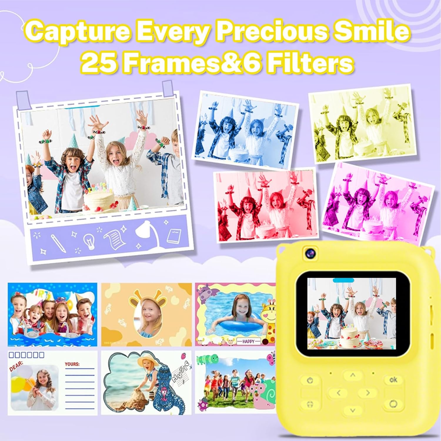 Instant Print Camera for Kids 1080P with Filter MicroSD Plastic Cute Cover Gift for Girls & Boys Age 3-12