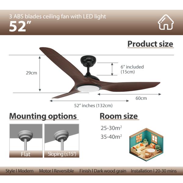 Ventilador de teto LED com 3 cores LED Luz escura de madeira grãos ABS lâminas controle remoto inteligente