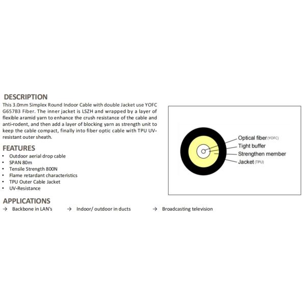 México / América do Norte 3,0 mm TPU 800N YOFC Fibra Ótica GJYFJU-1B6b3 Aramida Filho de chapéu Material para interior e exterior
