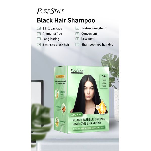 PureStyle OEM Fast Black Organic Bubble Hair Dye Shampoo 300ml Herbal Formula Permanent Treatment Cream Harmless for Hair Skin Free