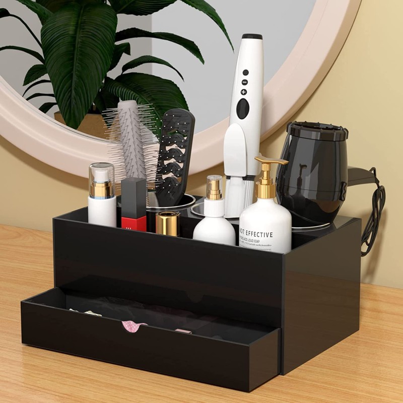 Clear Black White Acrylic Hair Dryer Storage Box Bathroom Countertop Toiletries Shelf Dressing Table