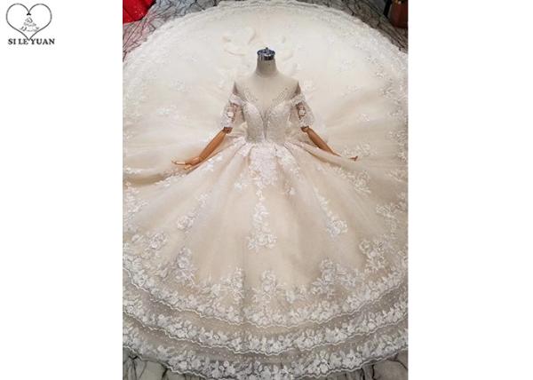Female Princess Grace Wedding Dress Half Sleeve Beaded Net Three Layer Lace Tail