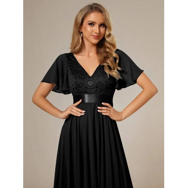 Asymmetrical Hem V-neck Empire Waist A-line Short Sleeves Knee-length Black Lace Chiffon Evening Dress