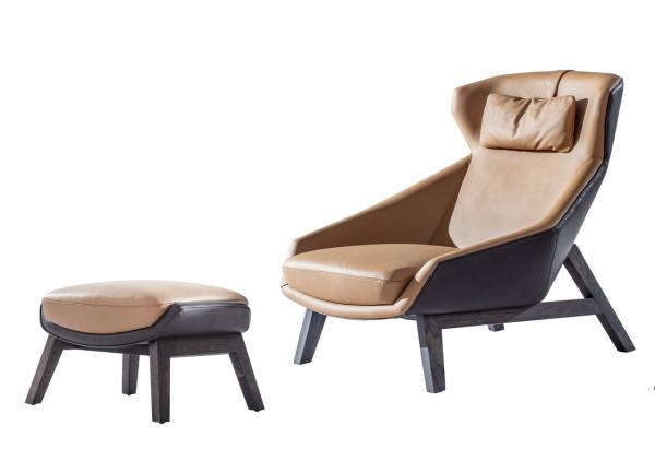 Italy design furniture Leisure chair with ottoman in Armchair stool used Leather upholstered and Oak wood legs Chair