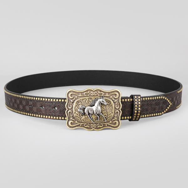 Unisex Vintage Cow Head Embossed PU Leather Belt with Buckle Fastening Western Rivet Belt