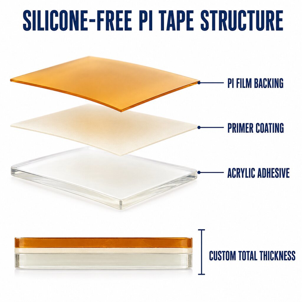 Non-Silicone Polyimide Tape (Silicone-Free Adhesive PI Tape / Acrylic PI Insulation Tape / Low-Contamination Masking Tape) – For Semiconductor, Optical Coating & Battery Processes