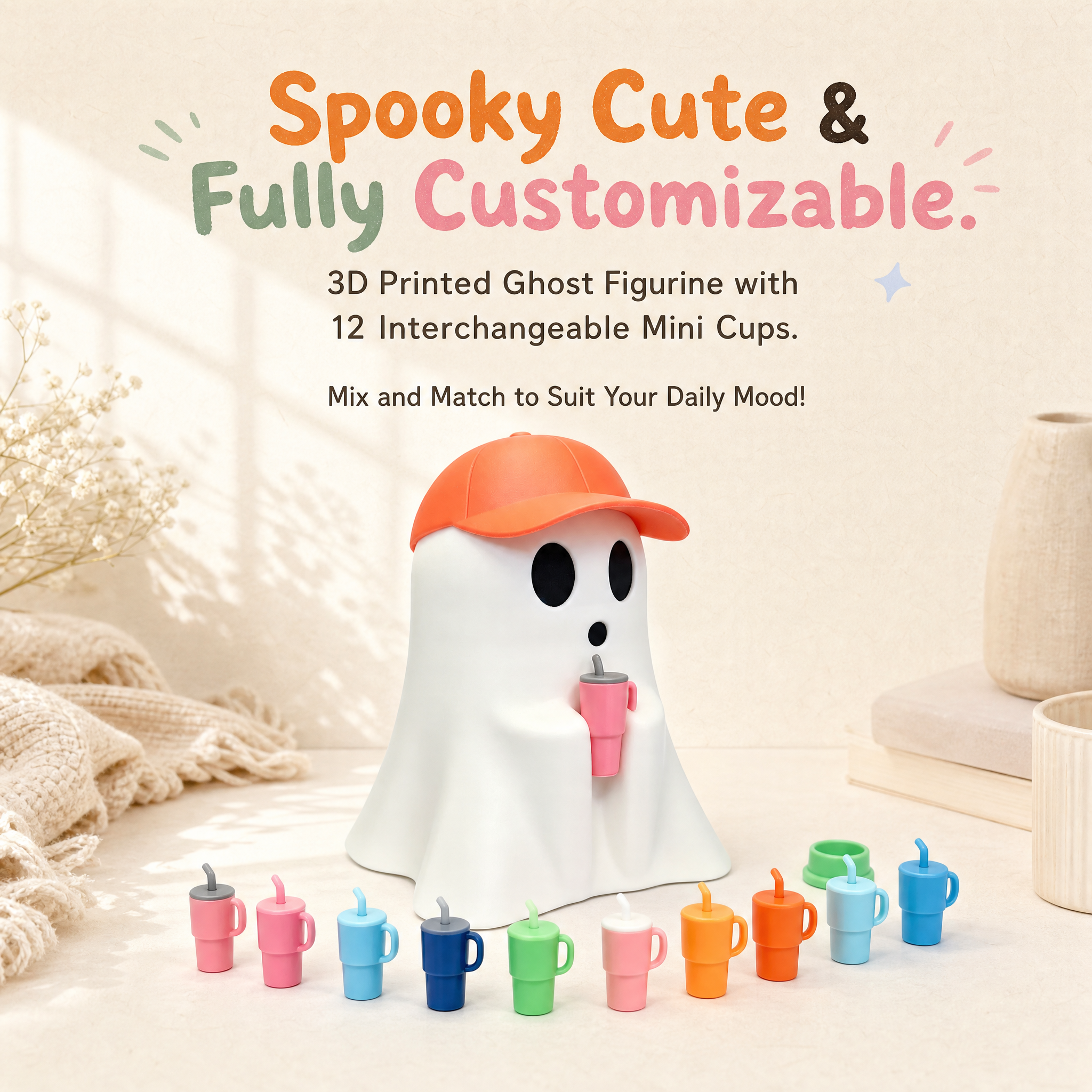 Ghost With Drink Cup Figurine, 3D Printed Holiday Decoration Halloween Desk Ornament