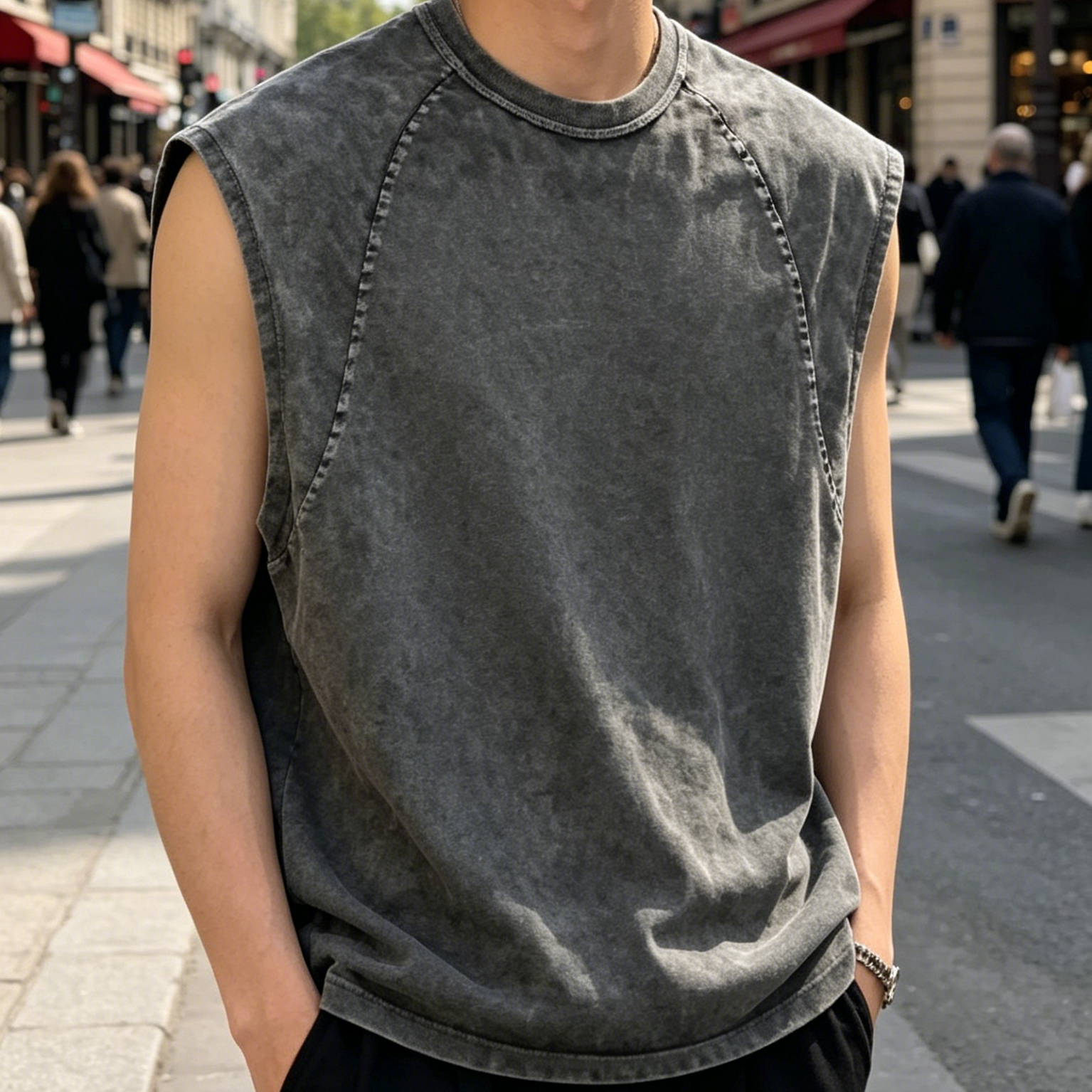 Crew Neck Mens Sleeveless Tank Top Dark Green / Silver Grey 100% Cotton Vest Vintage Washed