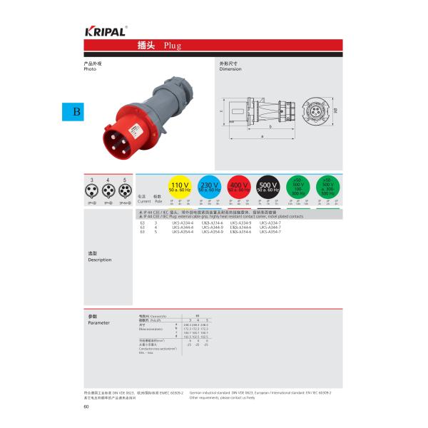 63A IP44 3 Pole 220V PC Waterproof Industrial Plug IEC standard