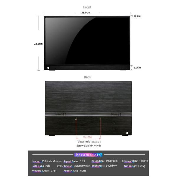 Portable Gaming Monitor 15.6 IPS 1080P HDR Compatible with Multi-Devices