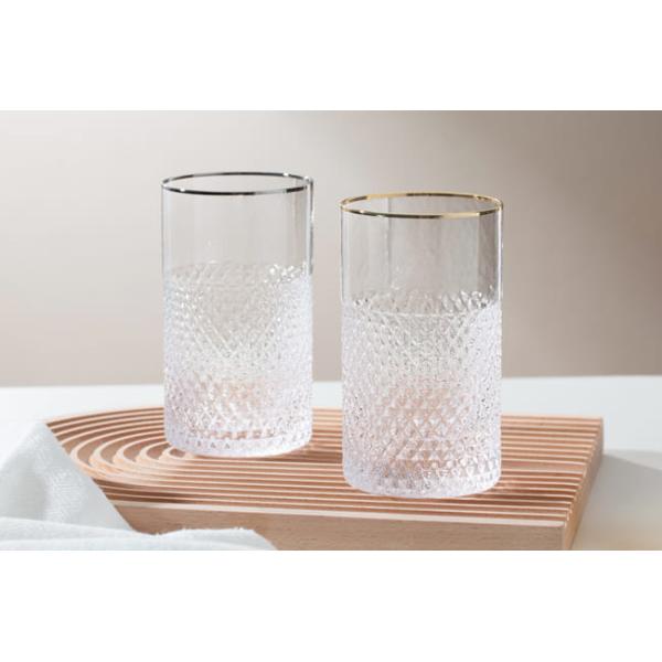 Diamond Cut Highball Glass Drinking Cups Gold Silver Rimmed 18 Ounce Mouth Blown