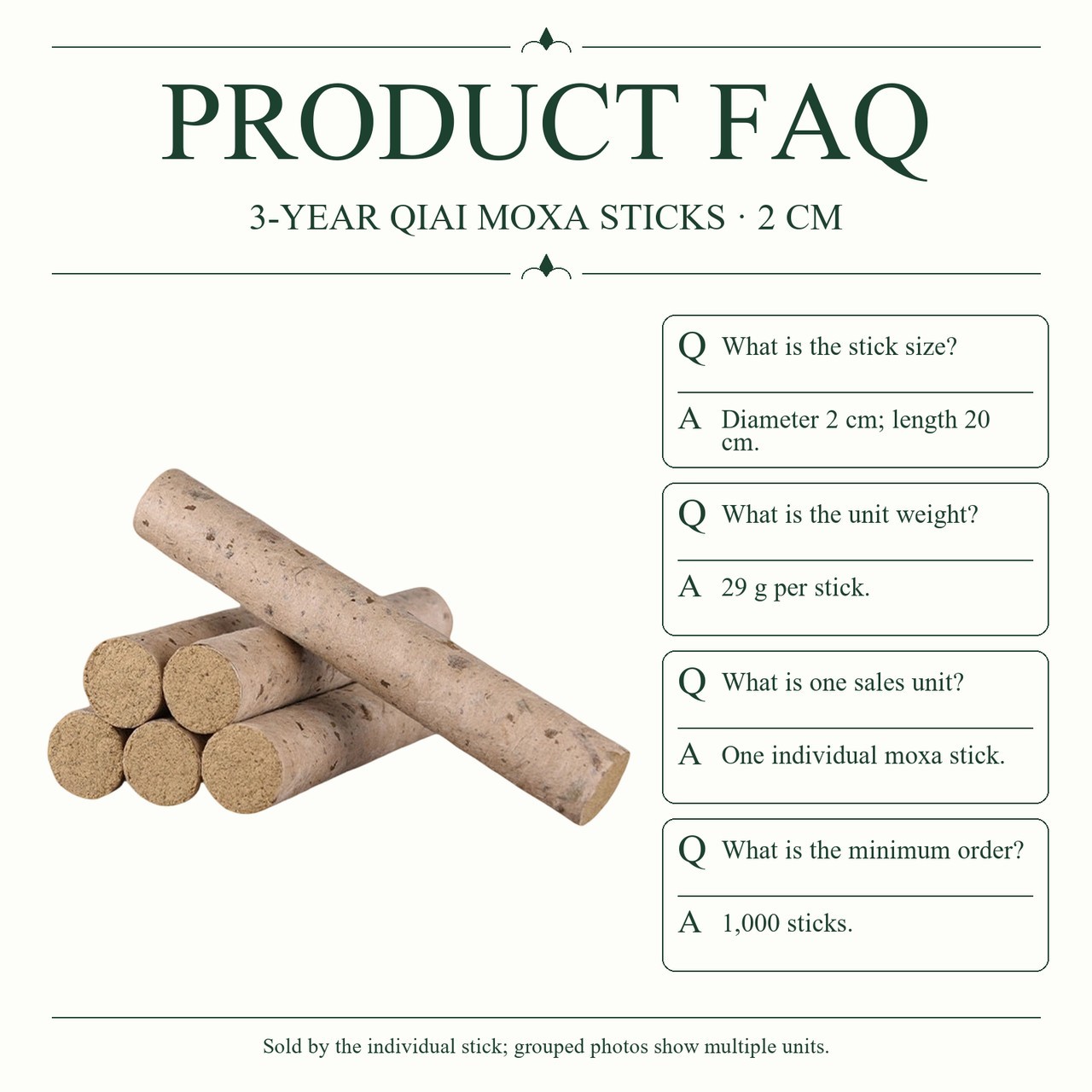 Mugwort Moxa Stick 2cm x 20cm with 29g Unit Weight for Wholesale Supply