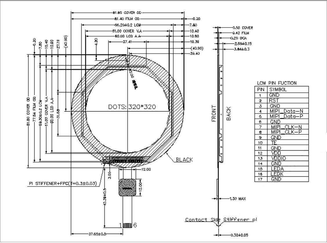 3.34 дюймовая Круглая ЖК-панель, 320x320 17 PINS MIPI Интерфейс 550cd/M2 Дисплей
