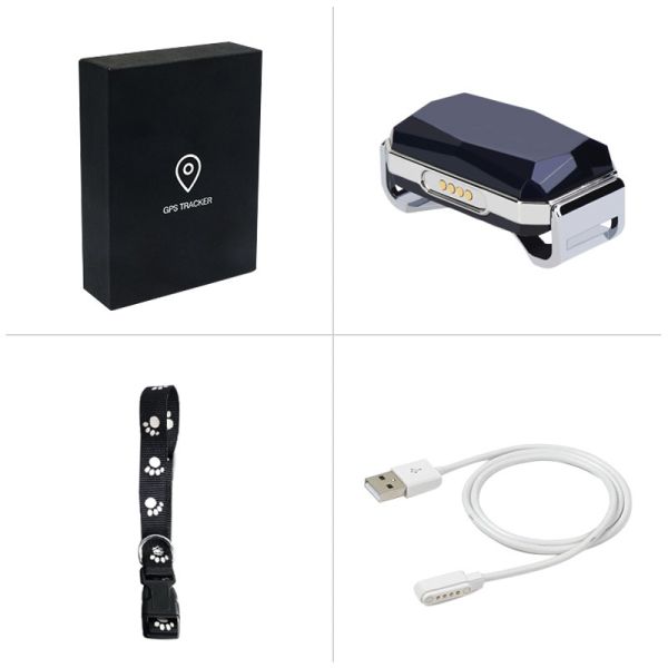 Black Leather Dog Collar for Dogs Blue Gem Shaped GPS Tracker Adjustable Metal Buckle Real Time Tracking