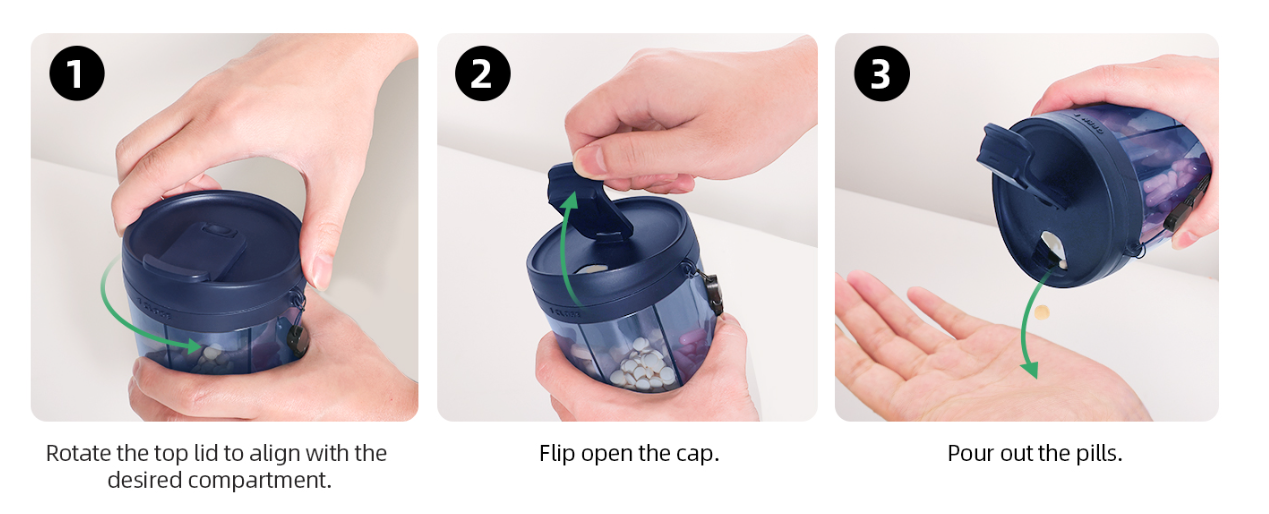 Small Pill Dispenser,with 7 Large Compartments,Portable Pill Bottle Organizer with Wide Opening