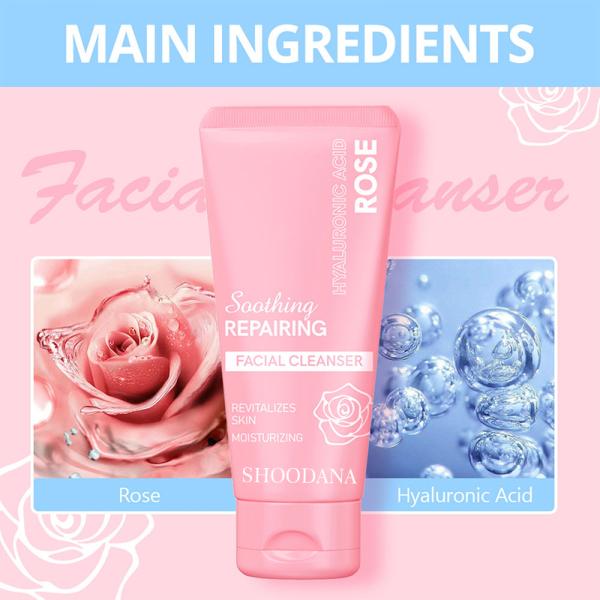 Rose & Hyaluronic Acid Face Wash Hydrating Moisturizing Delicate Skin Care Foaming Deep Cleans Face Wash Facial Cleanser