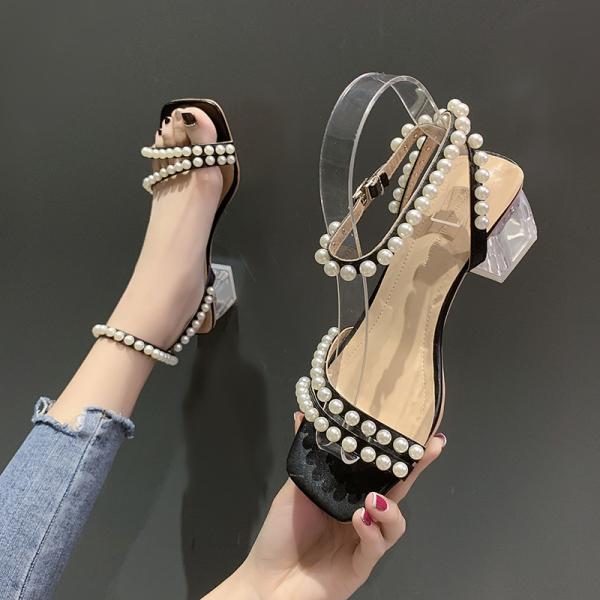 Transparent High Square Heel Thick Soled New Lady Sandals Pearl Beautiful
