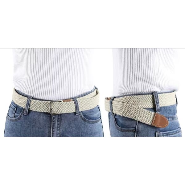 Canvas Woven Belt, Leather Trim Belt, Silver Buckle, Stretch Belt, Two-Tone Casual Belt, Versatile Belt for Jeans