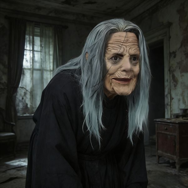 Scary Old Witch Mask with Long Pale Blue Hair, Wrinkled Latex Female Mask for Halloween Cosplay & Haunted House