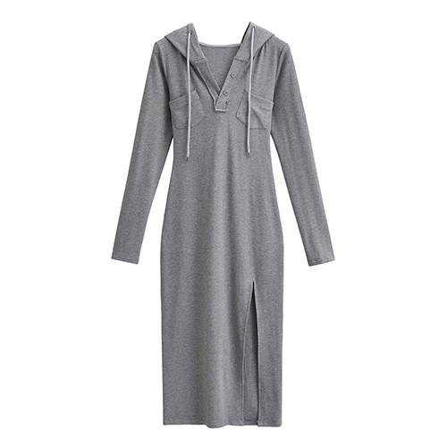 Summer V Neck Long Sleeved Slim Hooded Dress With Side Slit Buttock Skirt