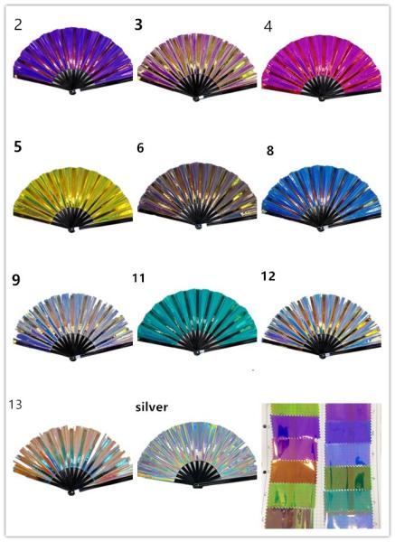 Fã de dobramento iridescente plástico fãs decorativos da mão de um comprimento de 13 polegadas 33cm grandes