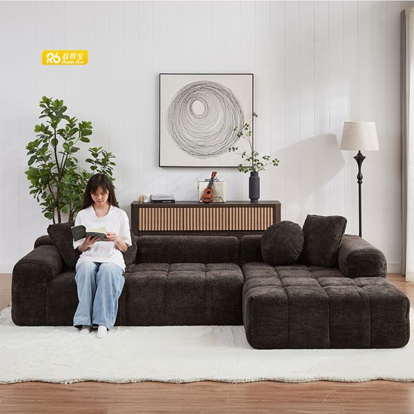Compressed Chenille Fabric Sectional Sofa With Chaise Lounge For Small Spaces