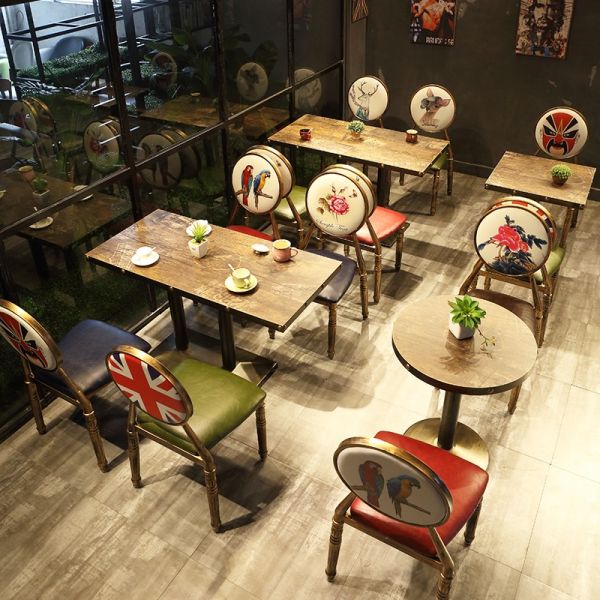 Customized Retro Industrial Fast Food  Furniture Wooden Cafe Restaurant Tables and Metal Leather Chairs